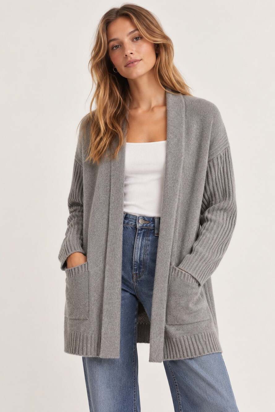 Abercrombie & Fitch Ribbed Sleeve Open Front Cardigan Sweater Gray XS